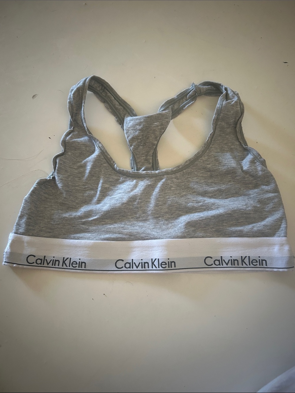 Calvin Klein Light Gray Sports Bralette with White Logo Band Sz M
